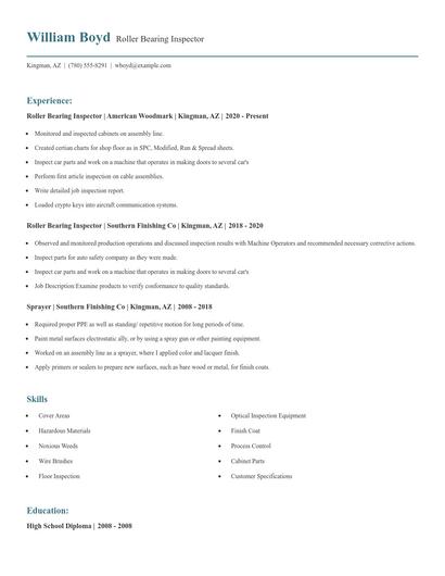 Roller Bearing Inspector Resume
