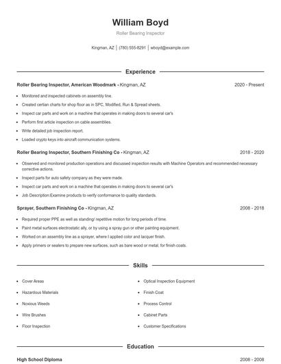 Roller Bearing Inspector Resume