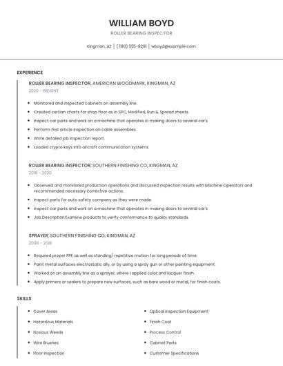 Roller Bearing Inspector Resume