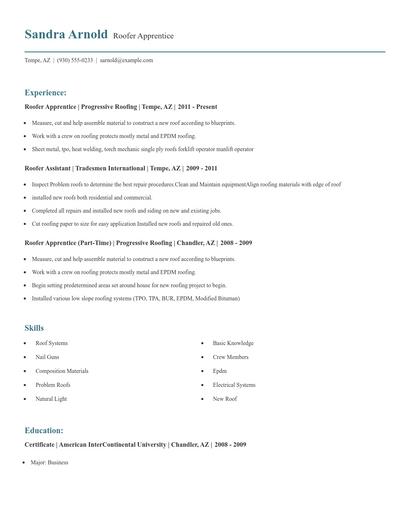Roofer Apprentice Resume