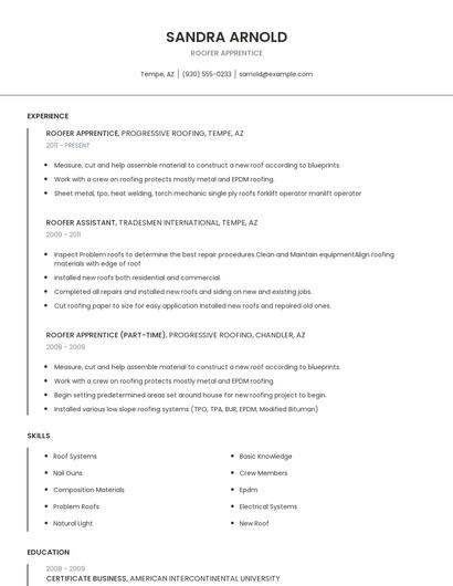 Roofer Apprentice Resume