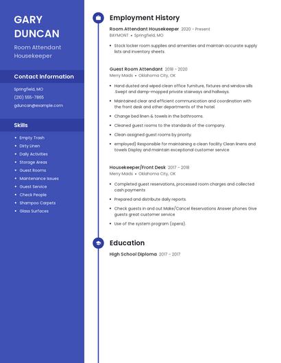 Room Attendant Housekeeper Resume