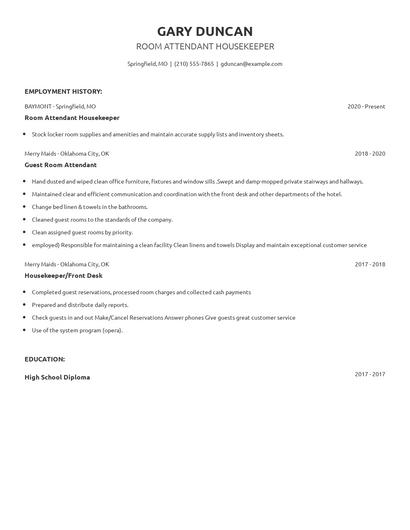 Room Attendant Housekeeper Resume
