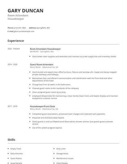 Room Attendant Housekeeper Resume
