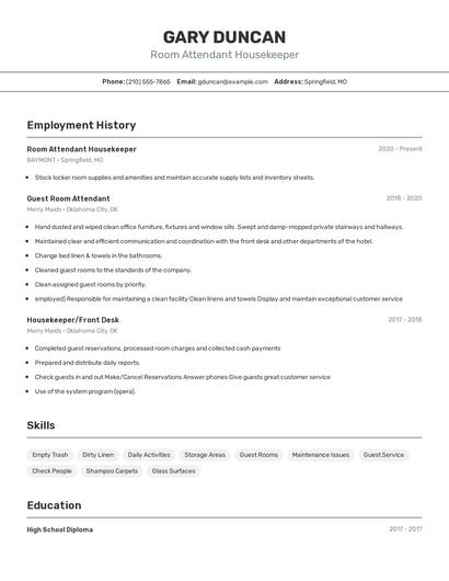 Room Attendant Housekeeper Resume