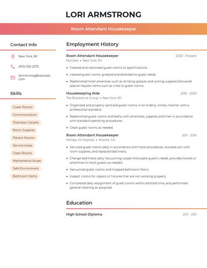 Room Attendant Housekeeper Resume