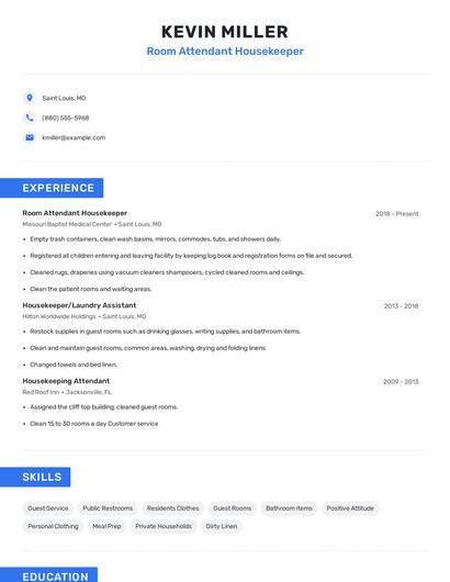 Room Attendant Housekeeper Resume