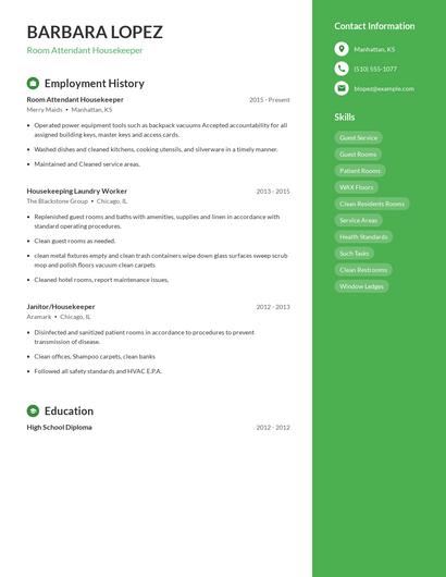 Room Attendant Housekeeper Resume