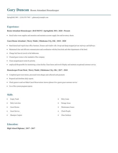 Room Attendant Housekeeper Resume