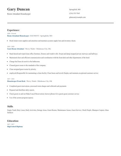 Room Attendant Housekeeper Resume