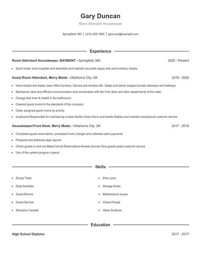 Room Attendant Housekeeper Resume