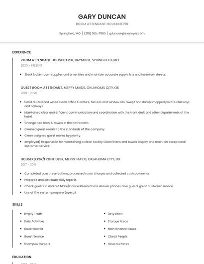 Room Attendant Housekeeper Resume