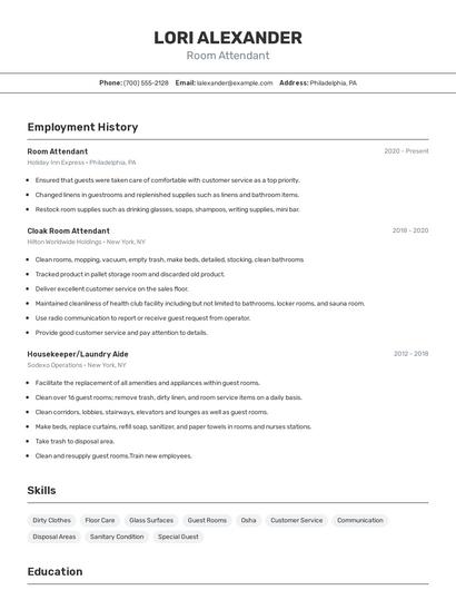 Room Attendant Resume