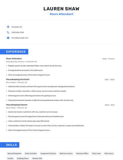 Room Attendant Resume