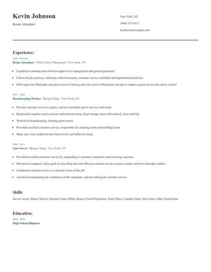 Room Attendant Resume