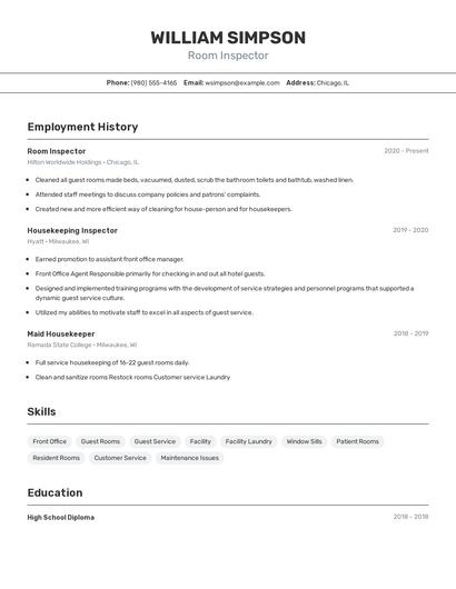 Room Inspector Resume