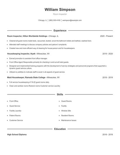 Room Inspector Resume