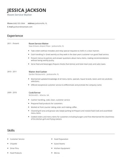 Room Service Waiter Resume