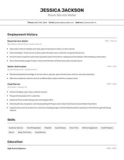 Room Service Waiter Resume