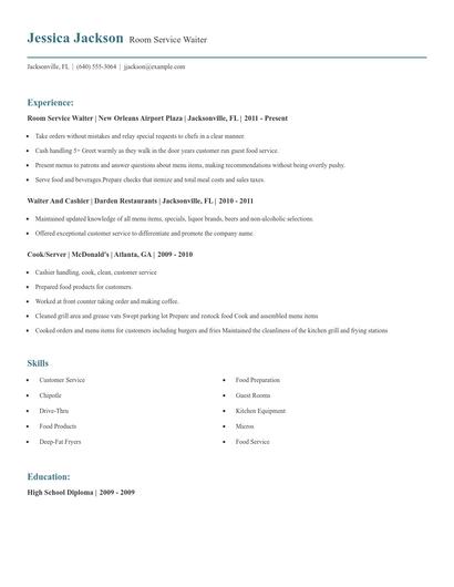 Room Service Waiter Resume
