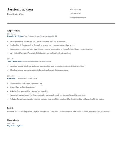 Room Service Waiter Resume