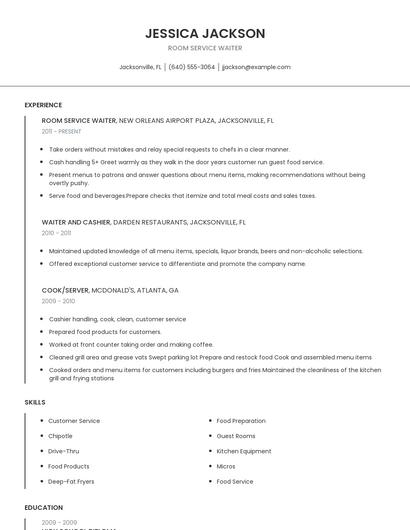 Room Service Waiter Resume