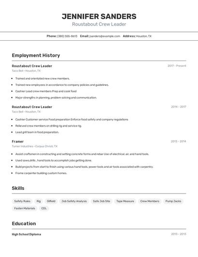 Roustabout Crew Leader Resume
