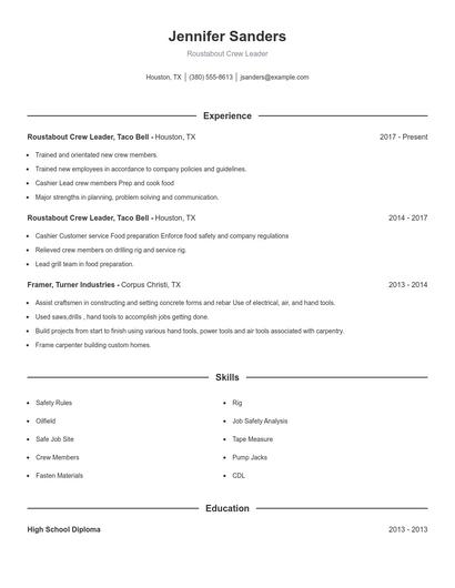 Roustabout Crew Leader Resume