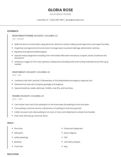 Roustabout Pusher Resume