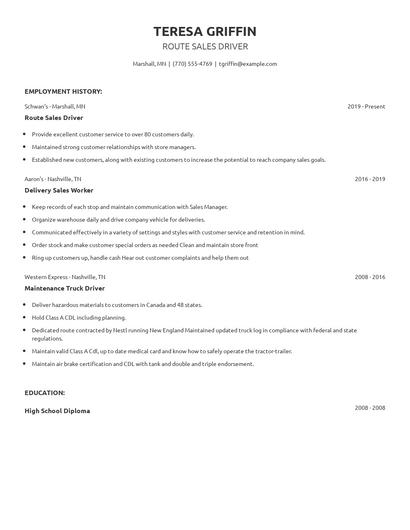 Route Sales Driver Resume