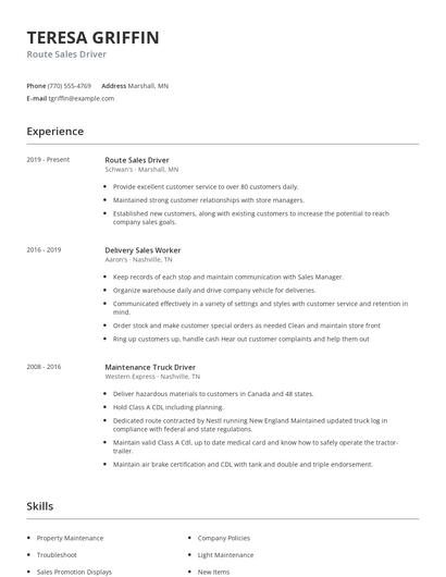 Route Sales Driver Resume
