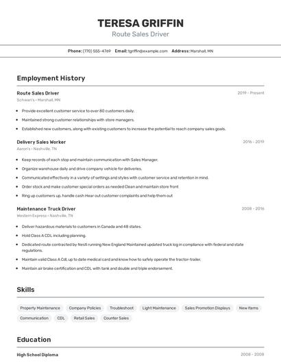 Route Sales Driver Resume
