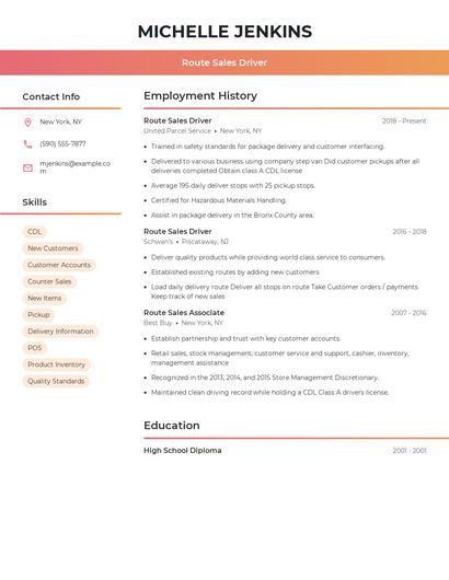 Route Sales Driver Resume