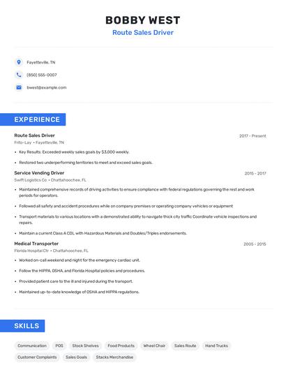 Route Sales Driver Resume