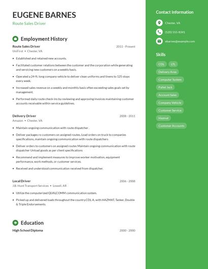 Route Sales Driver Resume