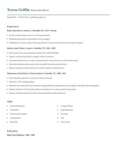 Route Sales Driver Resume