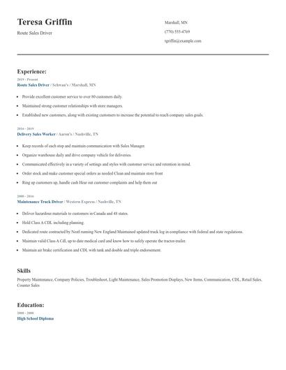 Route Sales Driver Resume