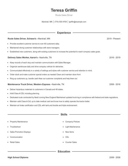 Route Sales Driver Resume