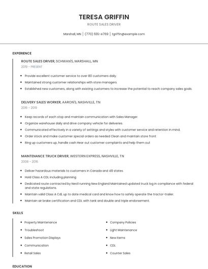 Route Sales Driver Resume