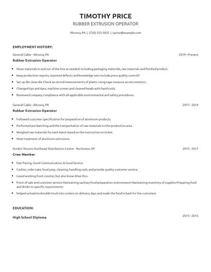 Rubber Extrusion Operator Resume