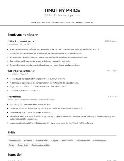 Rubber Extrusion Operator Resume