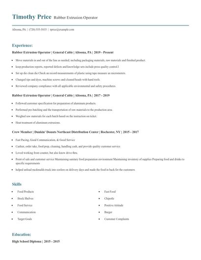 Rubber Extrusion Operator Resume