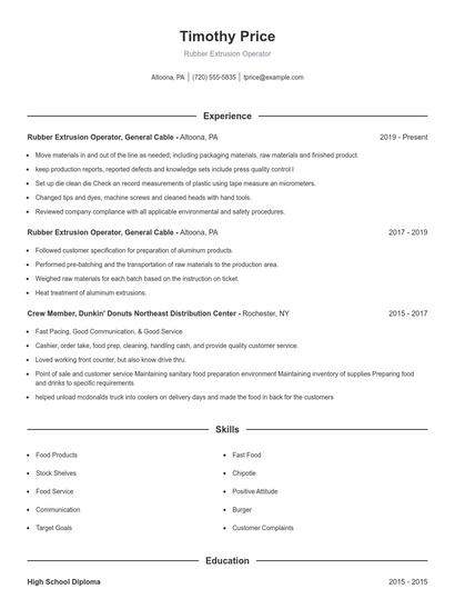 Rubber Extrusion Operator Resume