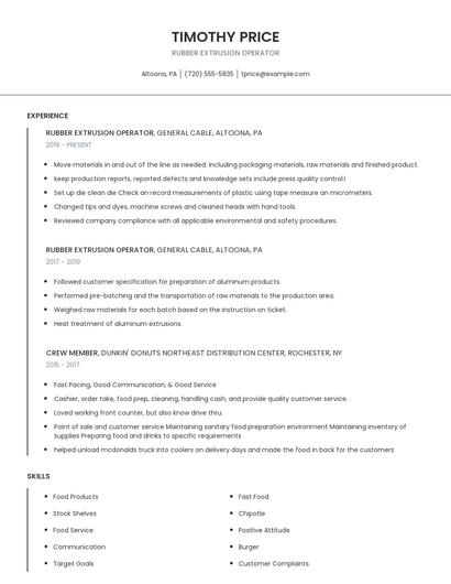 Rubber Extrusion Operator Resume