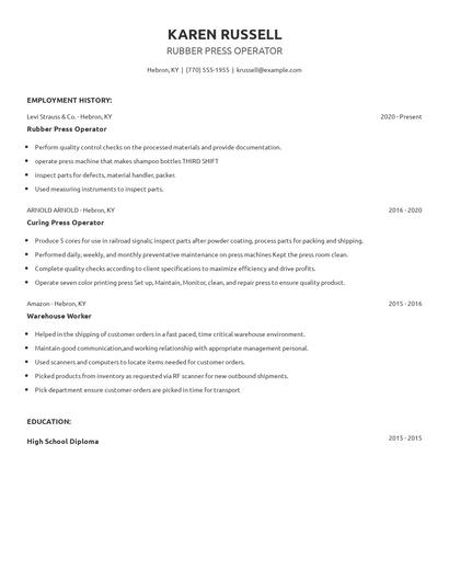 Rubber Press Operator Resume