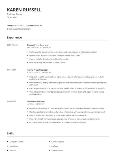 Rubber Press Operator Resume