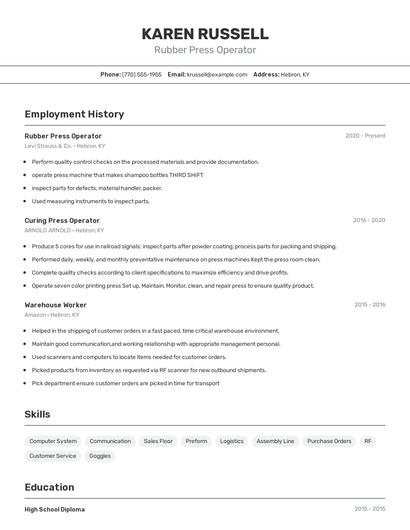 Rubber Press Operator Resume