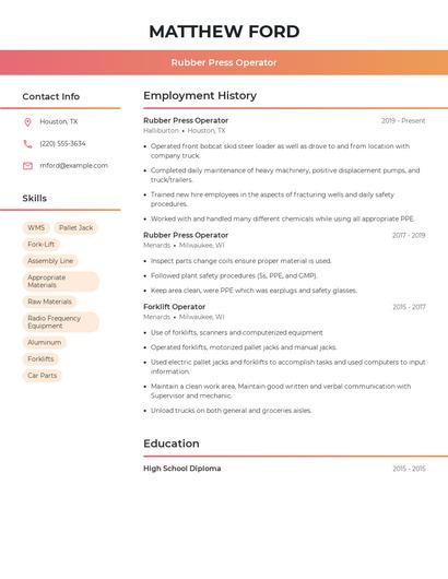 Rubber Press Operator Resume