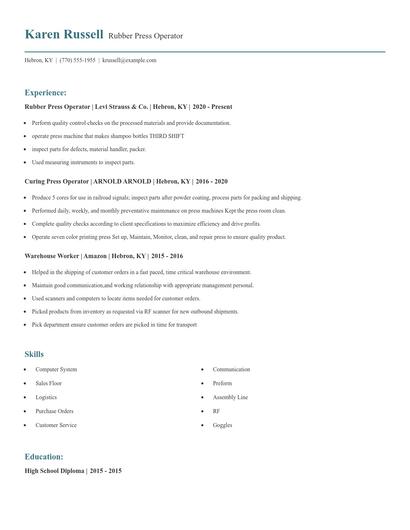 Rubber Press Operator Resume