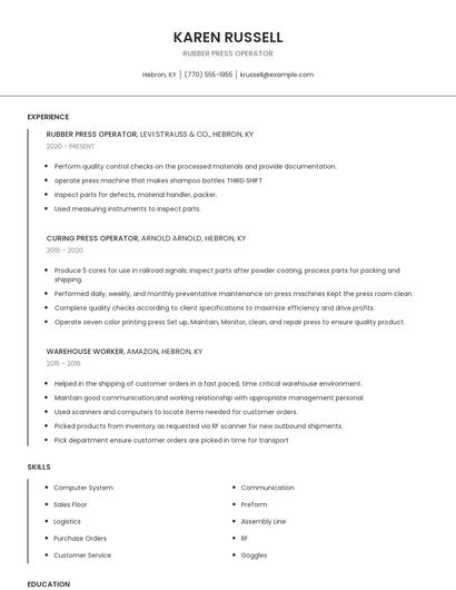 Rubber Press Operator Resume